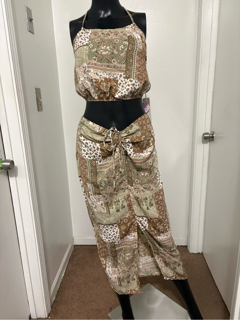iris Green and Brown Patchwork Halter Crop Top & Skirt Set NWT Medium